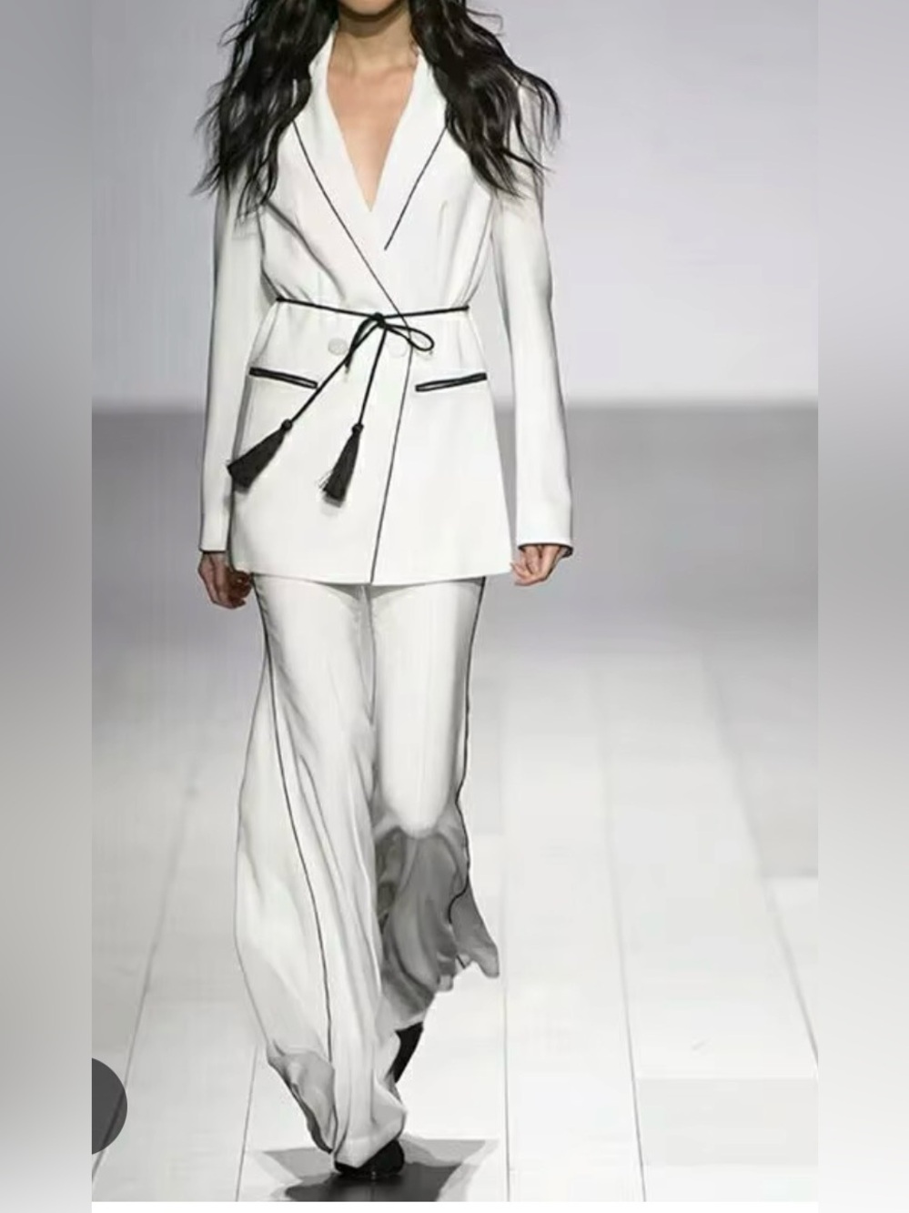Women's Cream Blazer and High-Waist Wide-Leg Pants Set with Black Trim